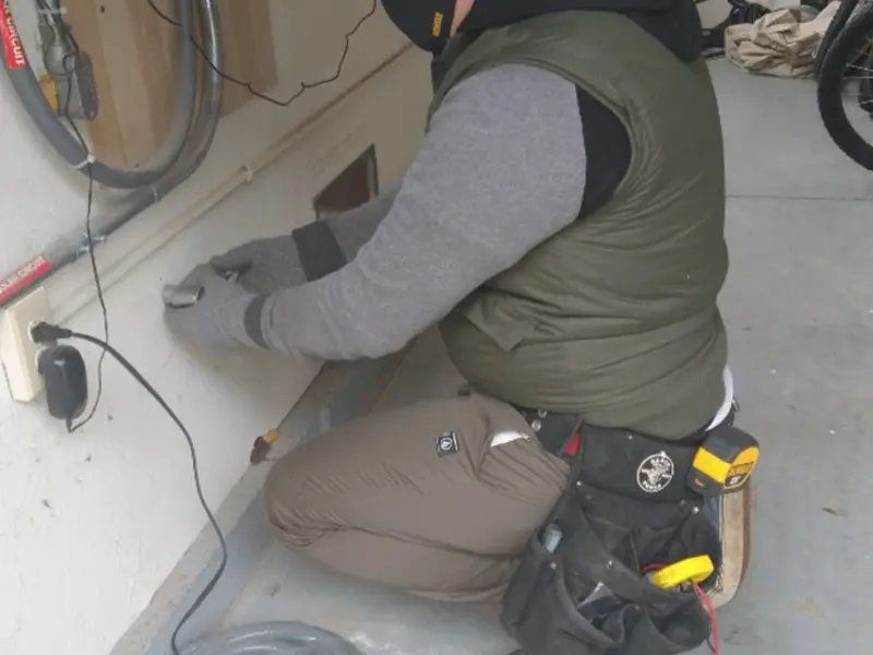 Electrician performing outlet wiring in a India Hook garage